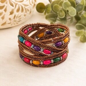 Boho Multi-Color Beaded Cuff Bracelet Copper‎ Tone Adjustable 1.75" Wide